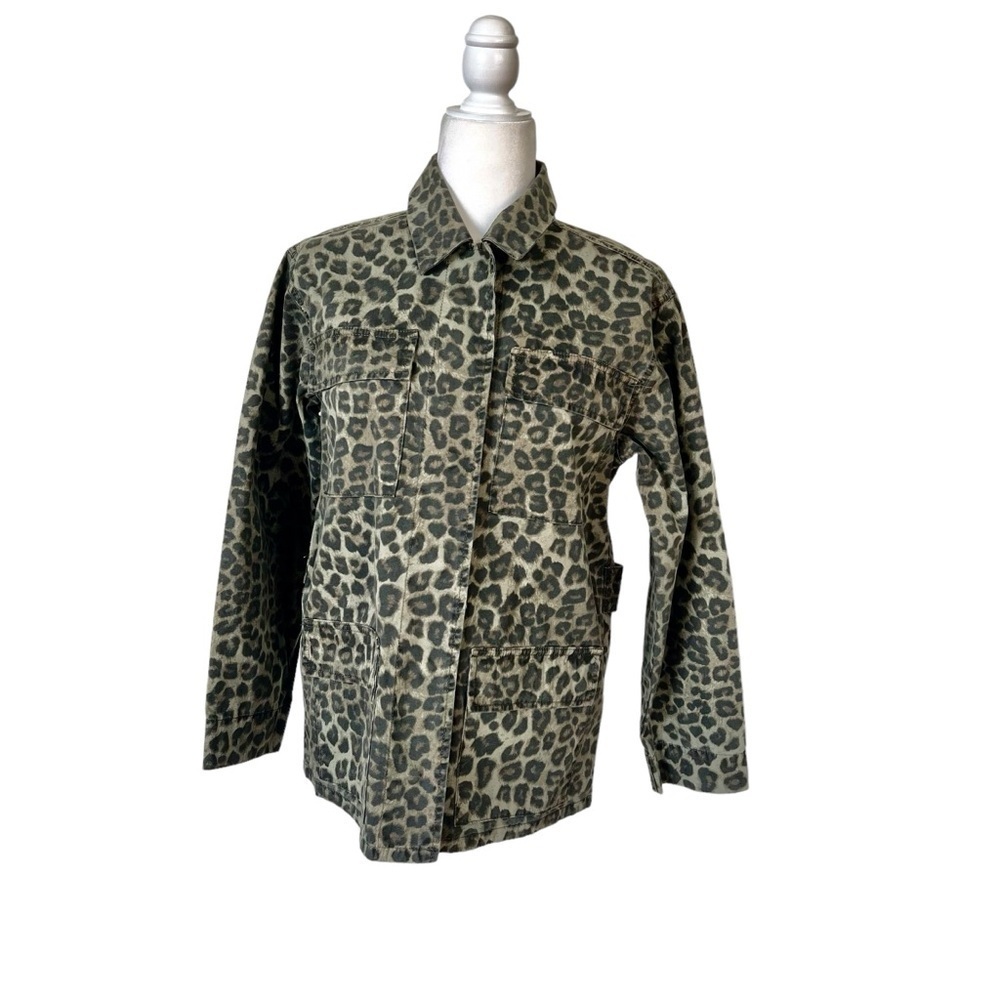 Good American The Camo Schacket Jacket in Sage Leopard ButtonUp Size Small - Picture 2 of 13